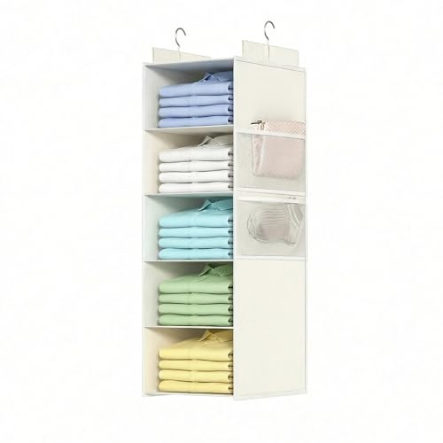 ALLTIDYUP Étagère Suspendue Pliable de Rangement de Placard et Penderie, 5 Niveaux Profonds avec Poches en Maille et Crochets Métalliques – Vêtements, Chaussures et Chapeaux, Robuste (Blanc, 1 Pièce)