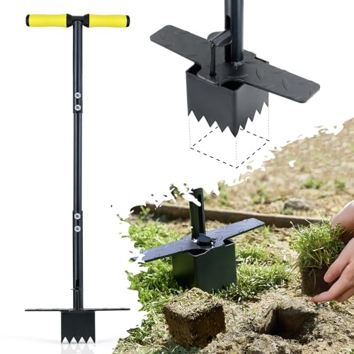Colwelt Sod Plugger Tool 91.5CM, Grass Plug Tool 8 x 8CM Square with Serrated Base, Long Handle Bulb Planter Tool with Dual Pedals & Easy Foot Ejector, Sod Turf Cutter for Lawn Planting Grass Repair
