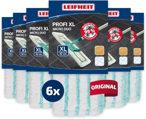 Leifheit Wischbezug Profi XL Micro Duo, 6er Set Doppelreinigung | Mikrofaser mit Spezialborsten, waschbar bis 400x bei 60°C, für Stein, Parkett, Laminat, glatte Böden, weiß/türkis