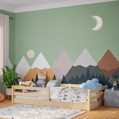 Bellabino Iskri Montessori Bodenbett 120x200 cm, Natur, mit Rausfallschutz | Kinderbett mit Lattenrost, Holzbett aus Kiefer Massivholz, für Jungen & Mädchen, Kleinkindbett, Jugendbett, Kinderzimmer
