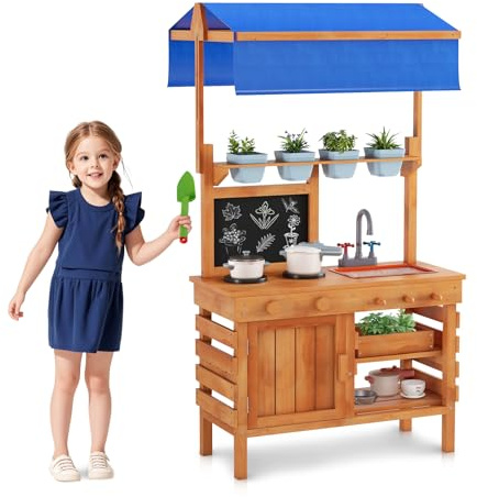 Maxmass Kids Mud Kitchen, Fir Wood Toddler Toy Kitchens with Adjustable Canopy, Sink, Chalkboard, 4 Pots, 2 Trowels, 1 Rake, Outdoor Children Role Play Kitchen Playset for 3+ Years Old