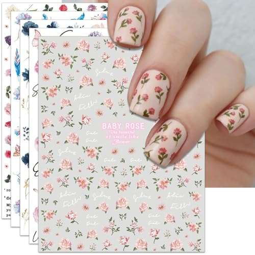 CHarmeFleur 6 Blätter Rosen Blumen Nagel Sticker Rosa Florale Blätter Selbstklebend 3D Nagel Dekor für DIY Frühling Sommer Maniküre