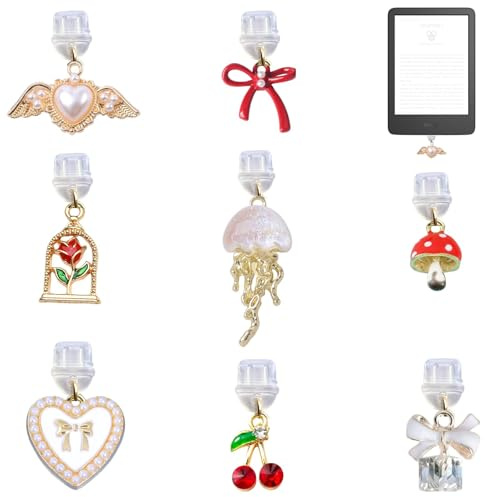 ZenithAura 8 delar hänge för Kindle guld körsbär hjärta rosett ros design kompatibel med Kindle och telefon dammplugg typ C