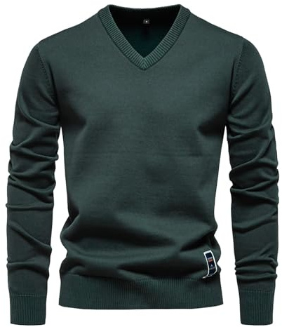 Generisch Jersey de punto para hombre de algodón, suéter de invierno para hombre, cálido, cuello de pico, elegante, monocolor, corte ajustado, para uso diario, informal, para hombre
