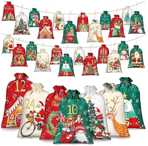 24 PCS Advent Calendar Bags 2025, DIY Empty Burlap Drawstring Bags with 1-24 Numbered Tags to Fill Yourself, Reusable Fabric Christmas Sacks for Xmas Tree Door Window Decoration & Gift Packaging (A)