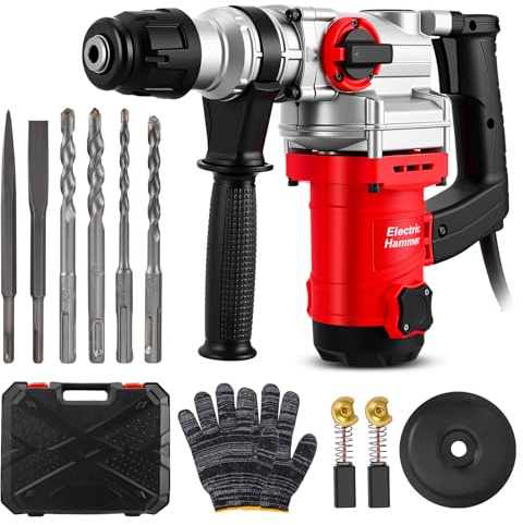 Hammer Drill, 1900W Heavy Duty Electric Rotary Hammer Drill, 3 in 1 Multifunctional (Drill/Hammer/Chisel), 360° Auxiliary Handle, Corded Drill with Safety Clutch, for Brick Walls, Concrete, Masonry
