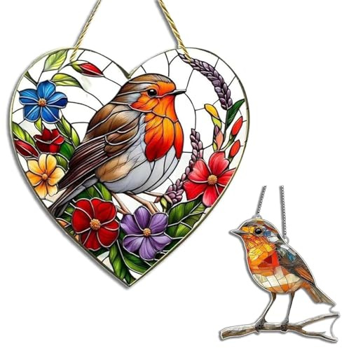 2 PCS Acrylic Heart-Shaped Hanging Garden Hummingbird and Robin Suncatcher, Stained Glass Sun Catchers for Windows, Robin Garden Ornament Gardening Gifts for Women