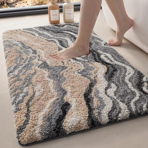 DEXI Badematte rutschfest 44 x 76 cm, waschbar Badezimmerteppich weich Badteppich Mikrofaser Saugfähig Badvorleger Duschvorleger, Beige Grau