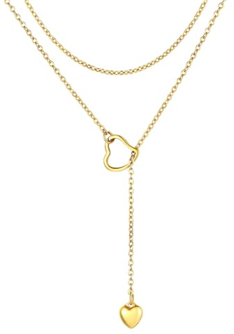 ChainsPro Halskette Damen Lariat Lange Halskette mit Anhänger Stab/Herz 73/80cm Y-Halskette Collier Edelstahl/18k vergoldet/schwarz Modeschmuck Accessoire für V-Ausschnitt Pullover Kleid