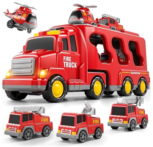 Kid Truck Toys for 3 4 Years Old Boys，5 in 1 Fire Engine Trucks for 3+ Boys & Girls，Friction Power Car Carrier Transport Vehicle for 5 6 Years Old with Light & Sound, Kids Birthday Gifts