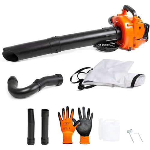 Soffiatore a Scoppio 2 Tempi 25,4 cc, con funzione Aspiratore, Compatto e Leggero, Doppio Tubo Incluso, Sacco Raccolta 50L Omaggio, Kit Accessori e Manutenzione, Ideale per Foglie e Giardino.