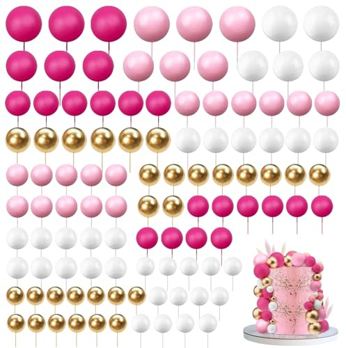 108 Pcs Ball Cake Topper Decorations(Rose Red, Pink, White, Gold) | Mini Balloons Cake Topper Sticks, Foam Round Ball Cake Toppers for Wedding Party Birthday Cake Decorating