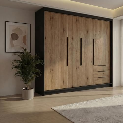 A&J MöbelLand KLARI Kleiderschrank 4-türig mit 3 Schubladen – 200 x 215 cm – Drehtürenschrank mit Kleiderstange und Einlegeböden