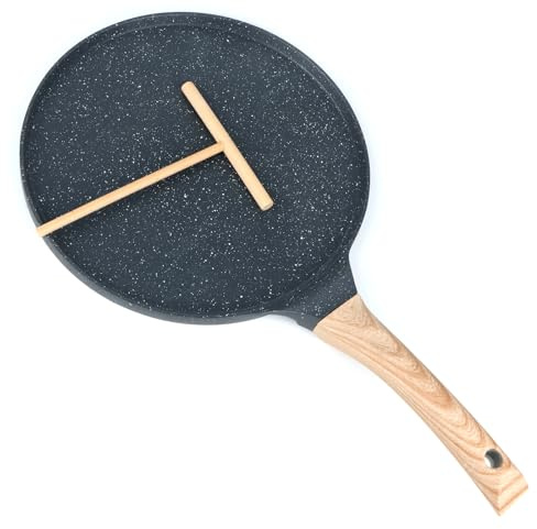 Crepe Pfanne 26cm, Antihaft Pfannkuchenpfanne Induktion, Palatschinken Pfanne mit Teigverteiler, Pfannkuchen Flache Pfanne mit Granitbeschichtung, Keine Pfanne für Pfannkuchen & Omeletts, PFOA Frei