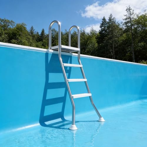 PEILU 3+1 Stufen Edelstahl Poolleitern, Schwimmbad Leiter mit Sicherheitshandlauf, rutschfeste Kunststoff Stufen & Kugelgelenk-Design Standfuß, Stabile Hochbeckenleiter für Pools/Becken bis 115cm