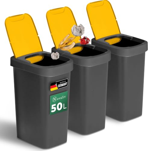 Novaliv 3er Set Mülleimer 50L mit Schwingdeckel Gelb, Mülltrennung Abfalleimer für Gelben Sack & Verpackung, Recycling Wertstoff Mülltrennsystem Abfallbehälter Küche Haushalt Büro Müll Eimer Bin Trash