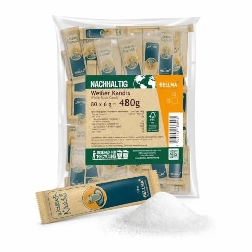 HELLMA Weißer Kandis 80 Stück – einzeln verpackte Kandis-Portionen à 6 g, portionierter Kandiszucker für Kaffee & Tee, Gastronomie, Hotel & Büro