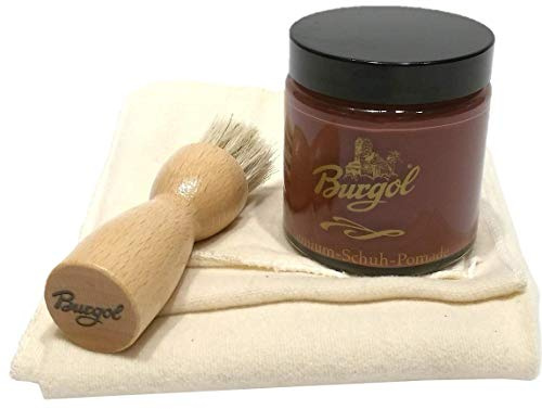 Schuhpflegeset mit Burgol - Schuhpomade Kastanie Tiegelbürste zum Auftragen und Baumwolltuchwolltuch