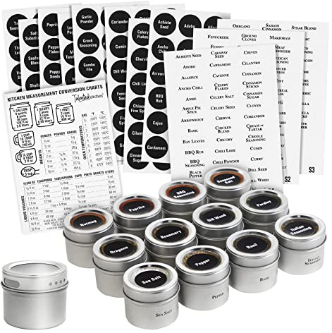 Talented Kitchen Magnetic Spice Jars for Refrigerator - 3 oz, Stainless Steel, Set of 12 - Spice Containers with Labels - Magnetic Travel Containers & Camper Must-Haves