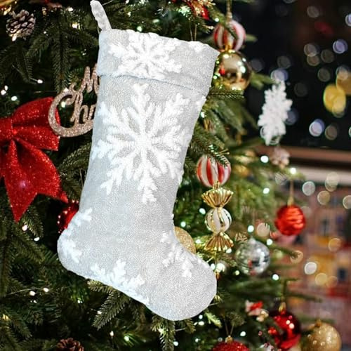 Mauts 61 cm grå stor snöflinga julstrumpa, juldekorationer strumpor, används till julgran presentförpackning mantel dekoration fest jul (gråvit)