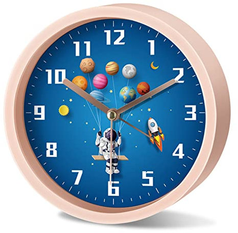 EXQULEG Kinder Wecker Weltraum Astronauten, Kinderwecker Ohne Ticken, Analoger Wecker Reisewecker für Junge Mädchen und Schüler (H,Runde)