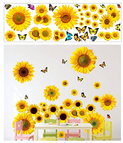 Vinilos de pared Decorativos,Pegatinas de Pared Planta,Pegatinas de pared con diseño de girasol, diseño de flores amarillas para dormitorio, sala de estar, cocina, guardería,decoración del hogar