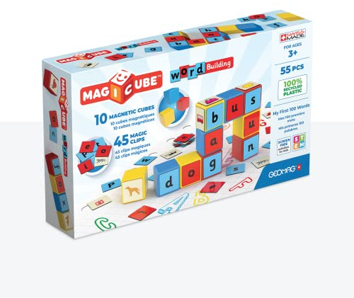 Geomag, Magicube Word Building Clips, Magnetische Spiele für Kinder ab 3 Jahren, Set zum Englisch Lernen, 55-teilige Packung