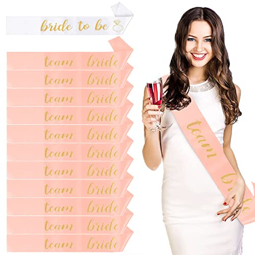 VIKSAUN 12 Stück Braut Schärpe Team Braut Schärpe Junggesellinnenabschied Schärpe Zubehör Brautaccessoires Weiss mit Goldener Schrift Junggesellenabschiede Party 11 Rose Gold mit 1 Weiß(12 Stück)