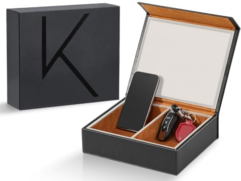 KENARK KK7 PLUS-BK Faraday Box mit 2 Fächern, Großes Design zur Signalabschirmung für Autoschlüssel, Keyless Schutz, Premium Verarbeitung | 2 Steckplätze, RFID-Signalblockierung, Diebstahlschutz, Vintage-Faraday-Käfig, hochwertiges Protein-Leder