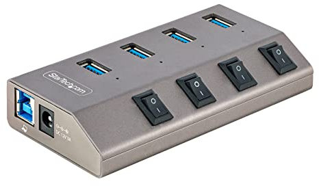StarTech 4-Port Self-Powered USB-C Hub with Individual On/Off Switches, USB 3.0 5Gbps Expansion Hub w/Power Supply,Desktop/Laptop USB-C-USB-A Hub, USB Type C Hub w/BC 1.2(5G4AIBS-USB-HUB-EU),SpaceGray