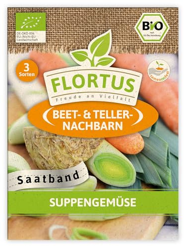 FLORTUS - Suppengrün Saatgut Saatband Mischung - 3 Saatbänder Sorten für Gemüseanbau - Saatgutmischung für Möhren, Porree & Knollensellerie - Pflanzen Samen für die Gemüse Anzucht im Hochbeet & Garten