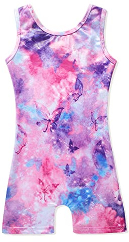XiaoMoSha Body da ginnastica per ragazze colore sfumato Sparkle Dance Body senza maniche per ragazze Athletic Ballet Dancewear per bambini dai 3 ai 14 anni, Farfalla viola, 7-8 Anni