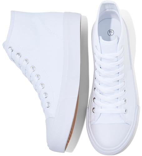 Uoidru High Top Sneakers for Women Canvas Shoes White Canvas High Tops Women Casual Shoes Lace Up Fashion Sneakers (White,US9)
