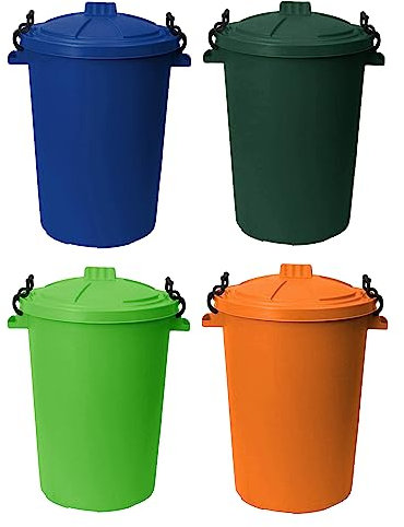 JMS we create smile - Set of 4-50 Litre Plastic Bin With Clip Lock Lid & Handles Rubbish Dustbin Recycle Waste Bin Trash Can For Animal Feed Garden Home Office (BLUE, DARK GREEN, LIME GREEN, ORANGE)