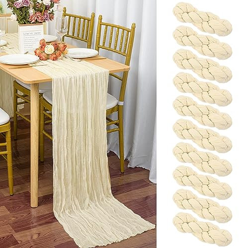 10 Stück Seihtuch-Tischläufer Hell Beige, 90 x 300 cm Elfenbein Rustikaler Gaze-Stoff Boho-Tischläufer Käsetuch Cheesecloth Hochzeit Tischdecke für Hochzeitsfeier Brautparty Tischdekoration