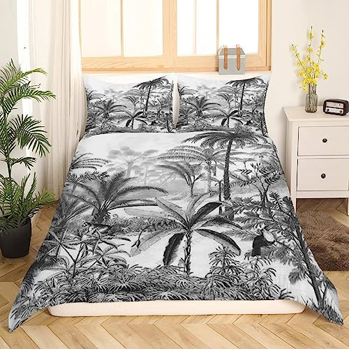 Housse de Couette Sets 200x200 cm Palmier Tropical Gris Mode Unique 3D Microfibre Literie Parure de avec Fermeture éclair pour Adultes et Adolescents Enfants Lavable en Machine avec 2 taie d'oreiller