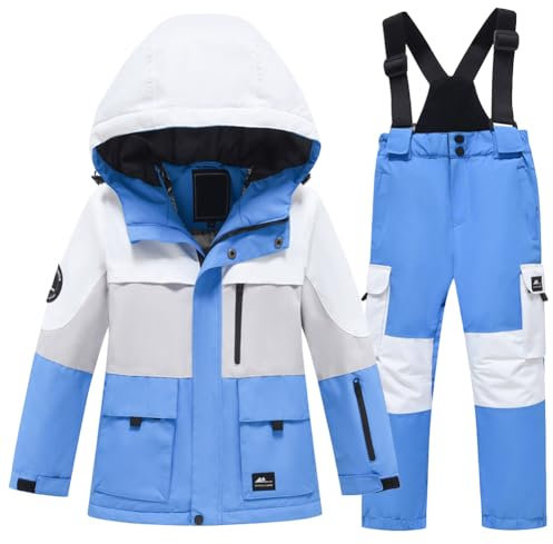 YFPICO Kinder Skijacke Mädchen Jungen 2 Teilig Skijacke Skihose Mit Kapuze Funktionsanzug,Skianzug Kinder Verdickte Drucke Fleecegefüttert Winddicht Wasserdicht Skianzüge Schneeanzug