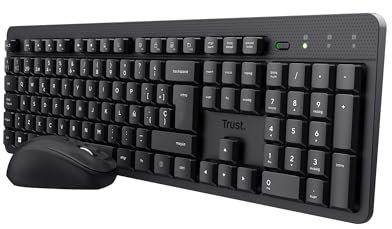 Trust Ymo II Pack Teclado y Ratón Inalámbrico QWERTY Español, Botones Silenciosos, Teclas de Perfil Bajo, Resistente a los Vertidos, Un Receptor USB, Windows, Mac, PC, Ordenador Portátil - Negro