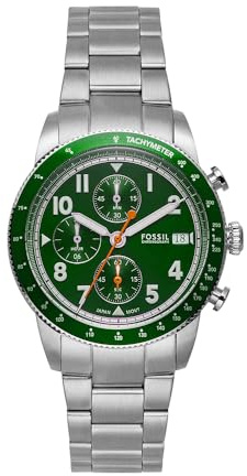 Fossil Reloj Sport Tourer para hombre, Movimiento cronógrafo de cuarzo con correa de acero, piel o silicona, Verde, 42 mm