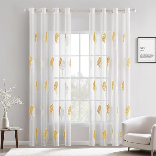 MIULEE Gardinen mit Gelb und Weiss Blätter Muster 2er Set 140x225cm | Modern Stickerei Wohnzimmer Vorhänge Transparent mit ösen für Schlafzimmer Deko, Schöne Blätter Muster Vorhang Fenster