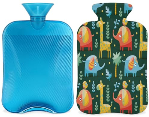 Elephant Giraffe Bird Hot Water Bottle with Soft Cover 2L Hot Water Bag for Hot and Cold Compress, Hand Feet and Bed Warmer, Menstrual Cramps, Neck and Shoulder Pain Relief