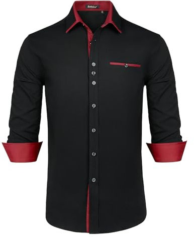 Enlision herrskjortor normal passform långärmad fritidsskjorta affärströja herrskjorta, Svart/vinröd, XXL