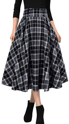 MGizo DtiSpectrum Gonne Midi a Quadri da Donna - Gonna Svasata a Pieghe a Trapezio con Vita Alta, Lunghezza al Ginocchio, in Tartan Vintage con Elastico in Vita
