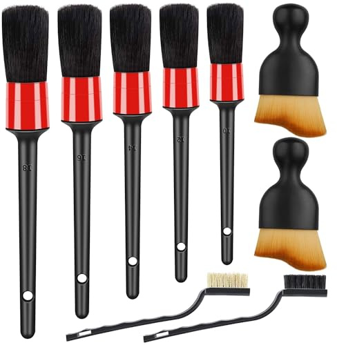 XNBTFK Car Detailing Brush Set, 9 Pcs Car Interior Cleaning Brushes Kit Includes 5 Boar Hair Detail Brush, 2 Wire Brush and 2 Soft Hair Cleaning Brush for Cleaning Car Interior Exterior
