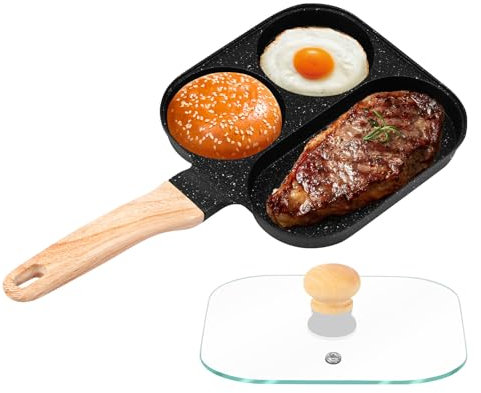 Eyoulife Padella per uova fritte con coperchio 3, 18,5 cm, in alluminio, con rivestimento antiaderente, manico rimovibile, per arrosti, uova, pancake, pancake, bistecca (nero)