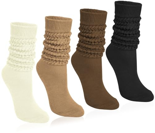 Tialfas 4 Paar Kniestrümpfe Stulpensocken Damen Baumwolle Weiche Strick Slouch Socken Strümpfe Damen-kniestrümpfe Extra lange Beinwärmer Beinstulpen Scrunch Knit Cotton Stiefelsocken für Herbst Winter