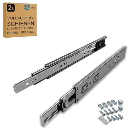 SOTOOLS 1 Paar kugelgelagerte Schubladenschienen mit Selbsteinzug 600 mm – Vollauszug aus Stahl – 45 kg Tragkraft für Schubladen & Möbel Schubladenauszug 600 mm für Möbelbau, Werkstatt, Schrankauszug