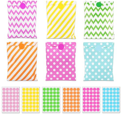 AMFUN 60 Stück Butterbrottüten, Bunte Geschenktüten mit 210 Aufkleber, Candy bar Tüten, Geburtstagstüten Kinder, Klein Geschenktüten für Ostern Geburtstag Hochzeit Taufe Party