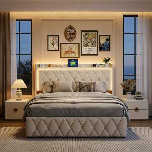 Bett 140x200 mit stauraum, Polsterbett mit LED-Kopfteil, Doppelbett mit USB und Lattenrost, Hydraulischem Stauraum und Metallrahmen, Jugendbett, Bettgestell, Boxspringbett, Samt Beige, Ohne Matratze