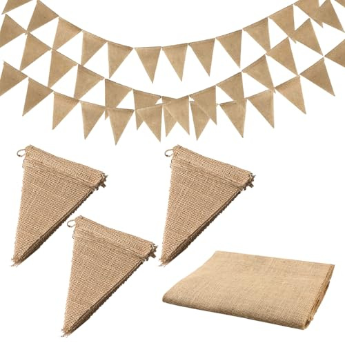 KASURE 39 PCS Guirnalda de Banderines de Yute y 1 Camino de Mesa de Arpillera 11 M Banderines Exteriores de Yute Banderines Reutilizables de para Boda, Cumpleaños y Eventos al Aire Libre
